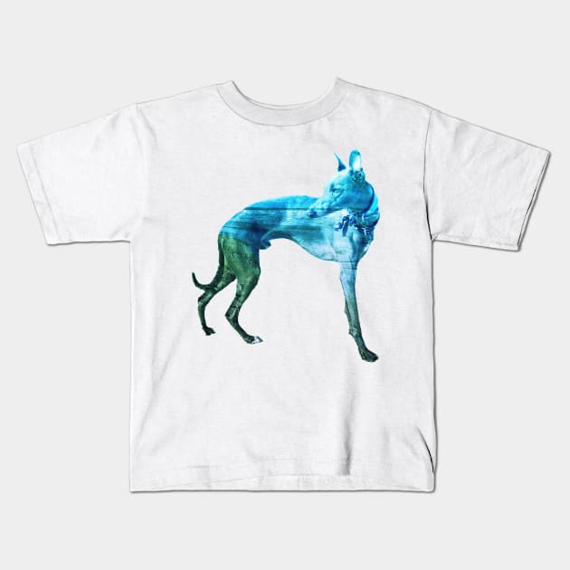 Aqua & Green Waves Whippet Kids T-Shirt by AmyHuntPhotos